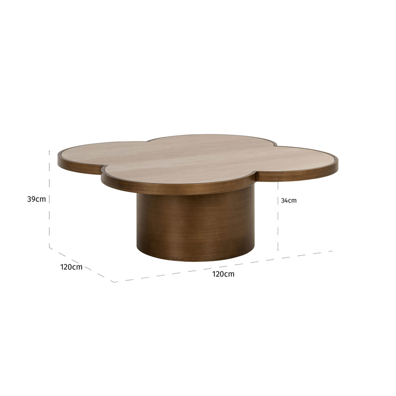 Couchtisch Clover Beige – Travertin-Optik, 120x120 cm, Eisen-Gestell