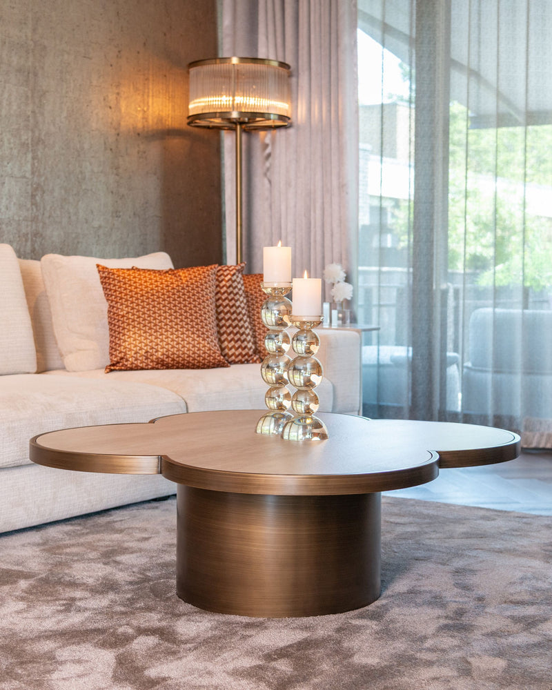 Couchtisch Clover Beige – Travertin-Optik, 120x120 cm, Eisen-Gestell
