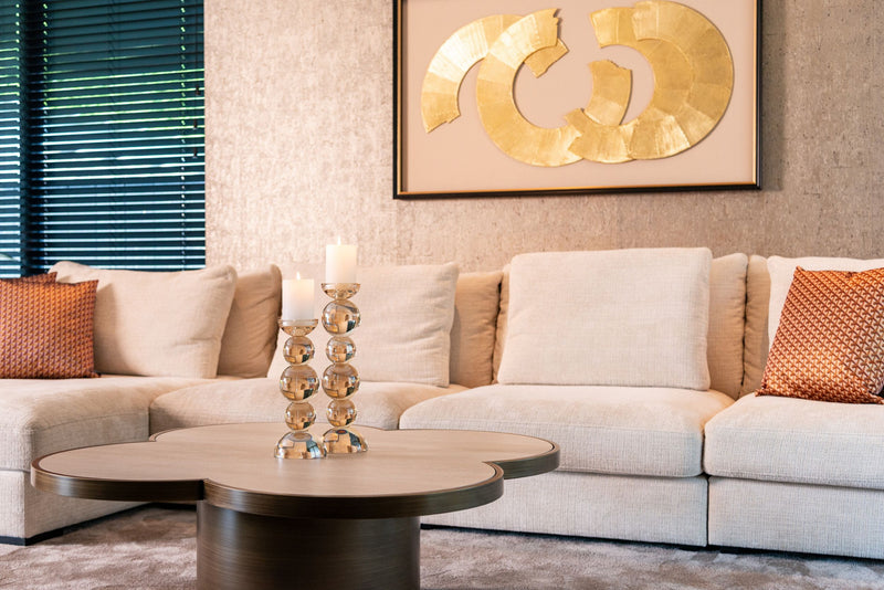Couchtisch Clover Beige – Travertin-Optik, 120x120 cm, Eisen-Gestell
