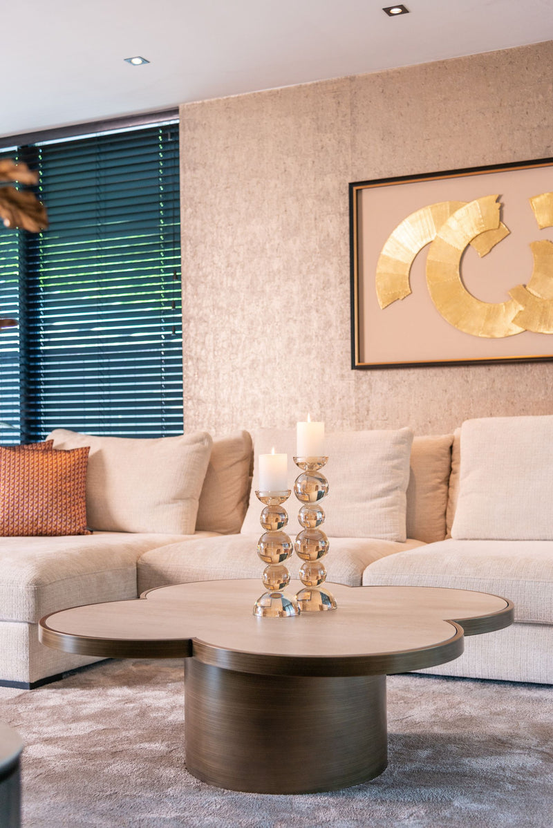 Couchtisch Clover Beige – Travertin-Optik, 120x120 cm, Eisen-Gestell