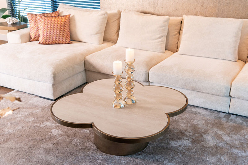 Couchtisch Clover Beige – Travertin-Optik, 120x120 cm, Eisen-Gestell