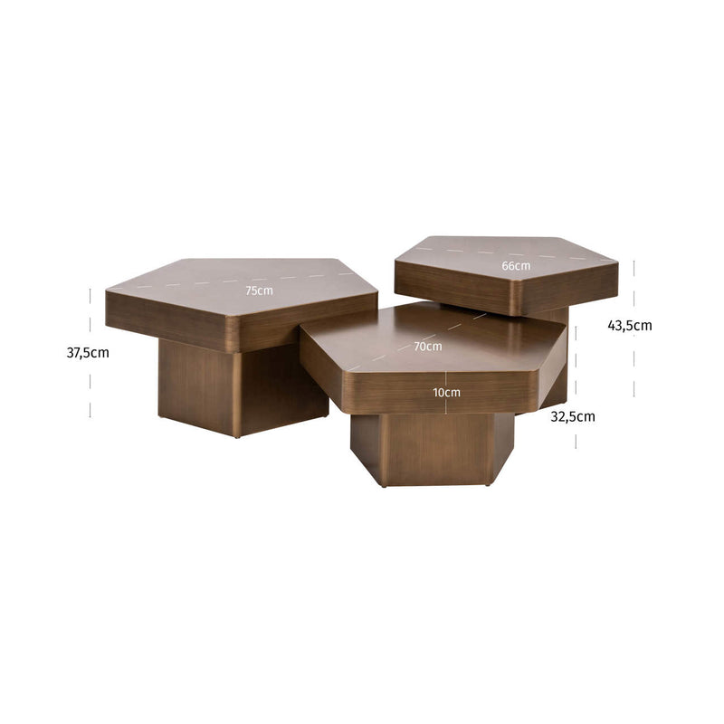 Couchtisch Hexa 3er-Set brushed gold - Hexagon-Design aus Eisen