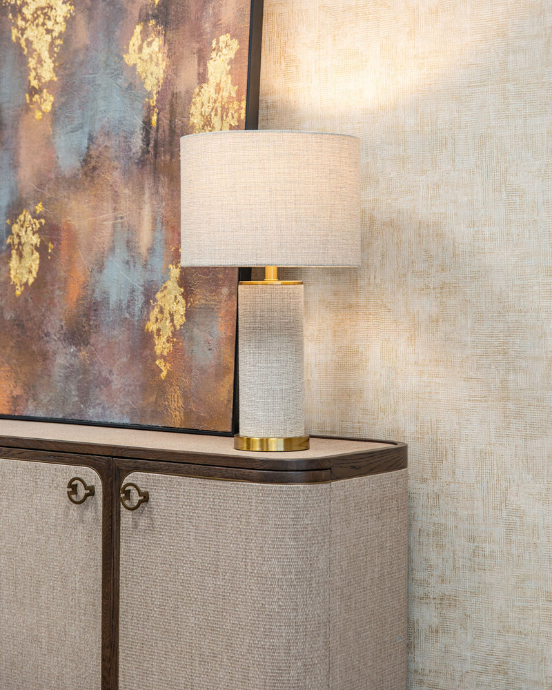 Tischlampe Joline beige mit Leinenschirm & Eisengestell, E27