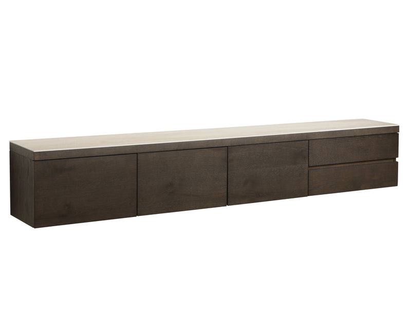 TV-Schrank Lachance in Eichenfurnier mit Travertin-Keramik, 220 cm