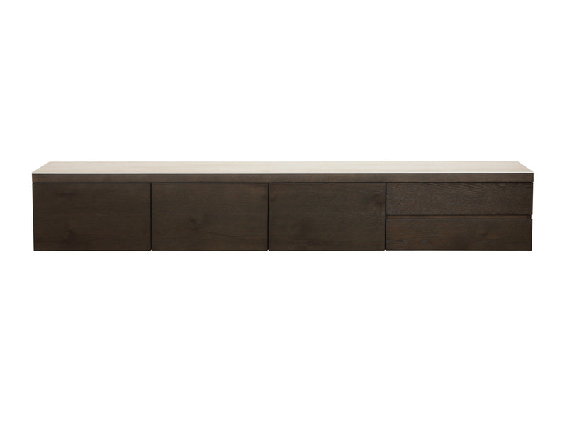 TV-Schrank Lachance in Eichenfurnier mit Travertin-Keramik, 220 cm