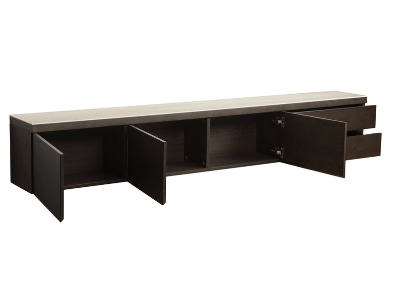 TV-Schrank Lachance in Eichenfurnier mit Travertin-Keramik, 220 cm