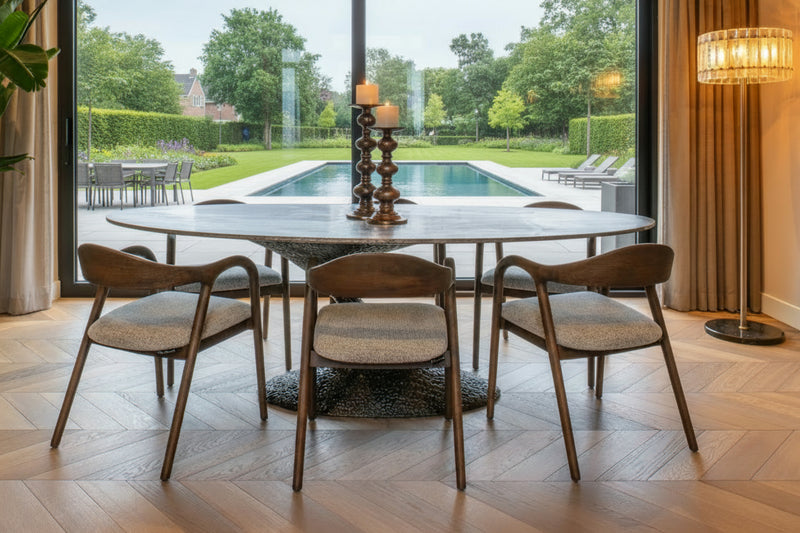 Esstisch Russo oval 235 cm, Travertin & Aluminium, ash brown