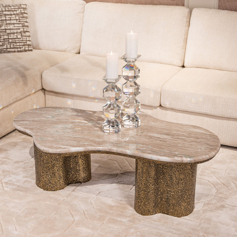 Couchtisch Abandos brass antique – Marmor & Aluminium, 131x74 cm