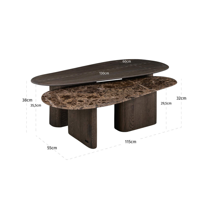 Couchtisch Castello 2er-Set, Eiche & Marmor Emperador, Charcoal