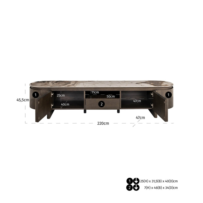 TV-Schrank Langford in Braun, Eichenfurnier & Keramikplatte, 220 cm
