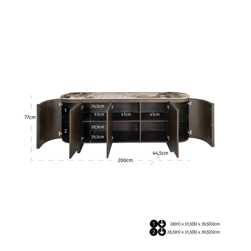 Sideboard Langford in Braun – Eichenfurnier & Keramikplatte, 200 cm