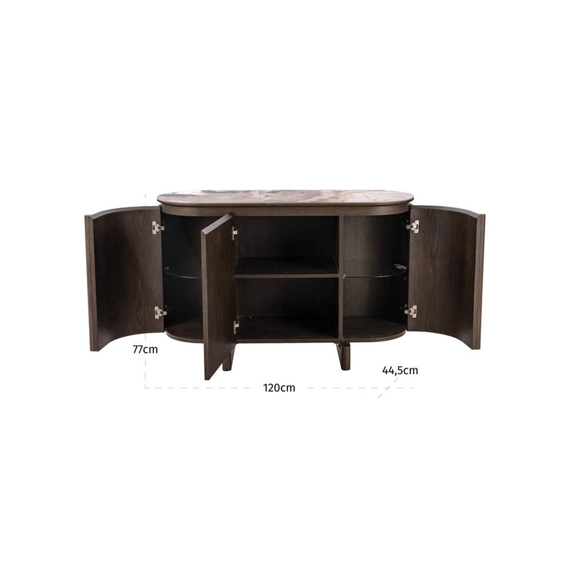 Sideboard Langford Braun, 3 Türen, Keramik-Travertin-Platte, 120 cm