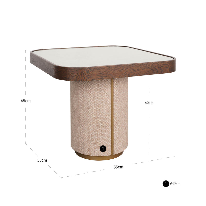 Beistelltisch Willox in Beige mit Glasplatte, Eiche & Leinen