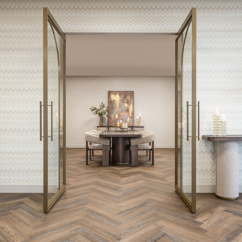 Esstisch Willox 235 cm Beige mit Glasplatte, Eiche und Metall