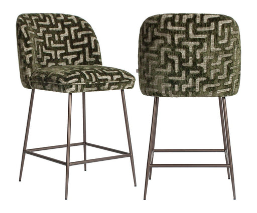 Barhocker Pullitzer Moss Labyrinth mit geometrischem Muster in Frontal- und Rückansicht, Metallgestell.