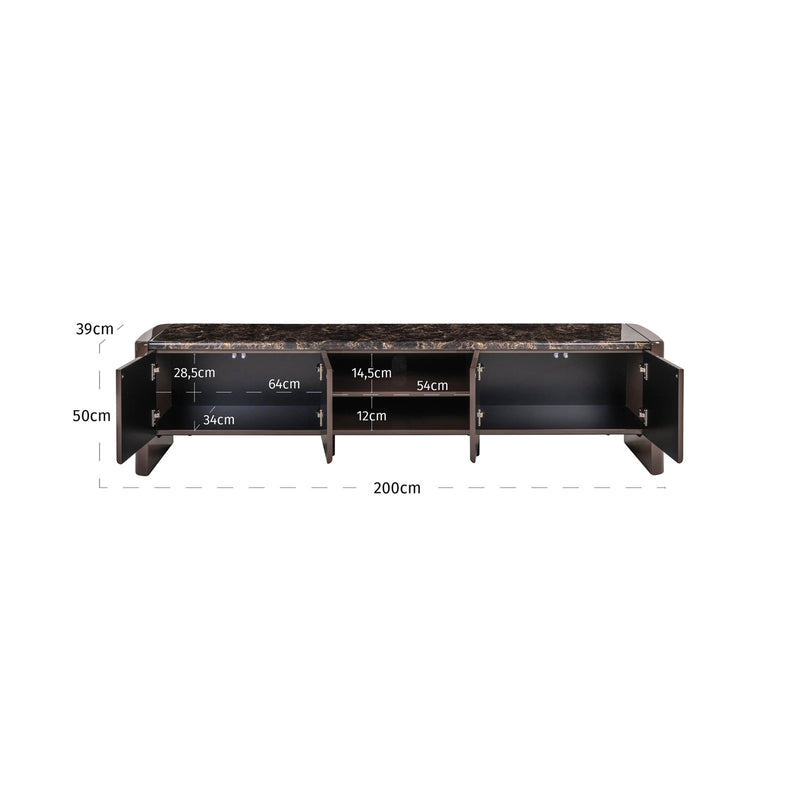 Technische Zeichnung des Sideboard mit offenen Türen, geöffneten Fächern und Maßangaben, Ansicht von vorn.