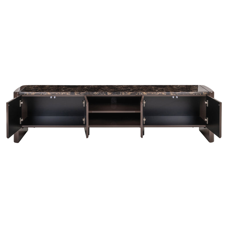 Sideboard mit dunkelbraunem Gestell, marmorierter Keramikplatte und geöffneten Türen mit Stauraumbereiche sichtbar.