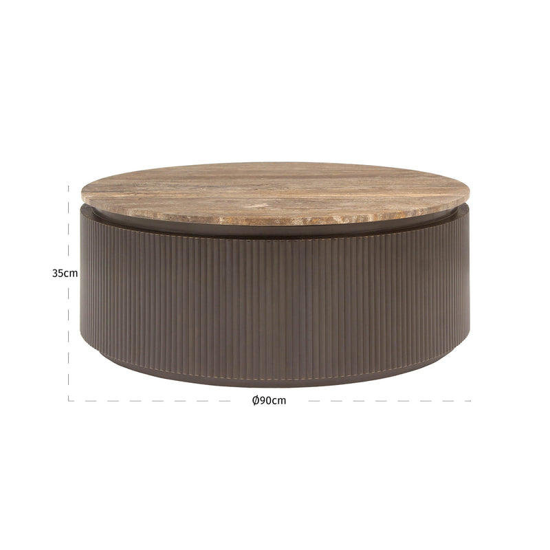 Couchtisch Russo rund, Ø90 cm, Travertin & Messing, ash brown