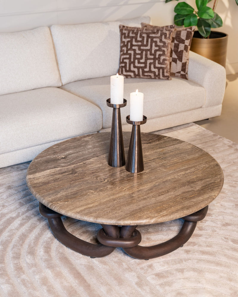 Runder Couchtisch Chainey ash brown aus Travertin & Mangoholz