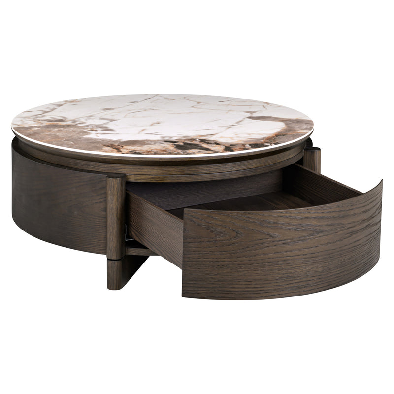 Couchtisch Langford Ø90 cm braun mit Keramikplatte & Schublade