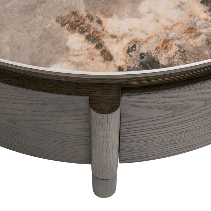 Couchtisch Langford Ø90 cm braun mit Keramikplatte & Schublade