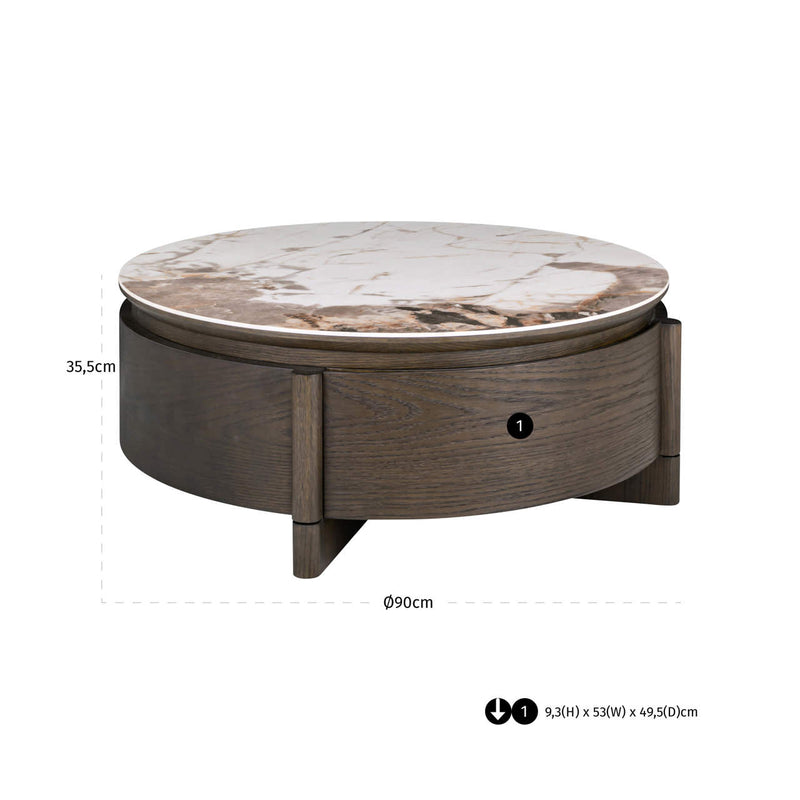 Couchtisch Langford Ø90 cm braun mit Keramikplatte & Schublade