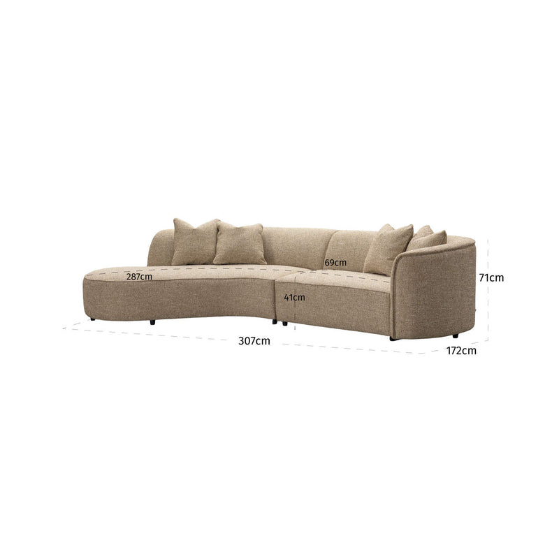Sofa Romero mit Ottomane links, Sand Tweed, 307 cm, schwer entflammbar