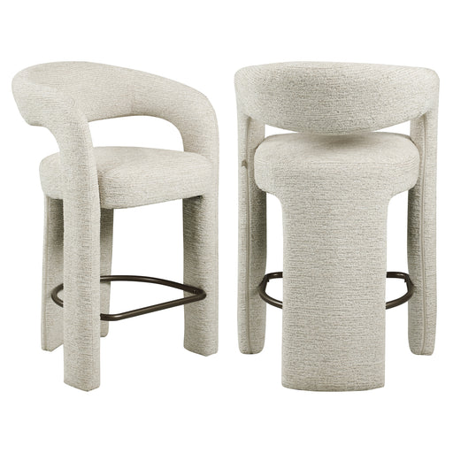 Barhocker Soho Natural Linear Richmond in Beige mit gepolsterten Armlehnen und Metallgestell, Gesamtansicht.