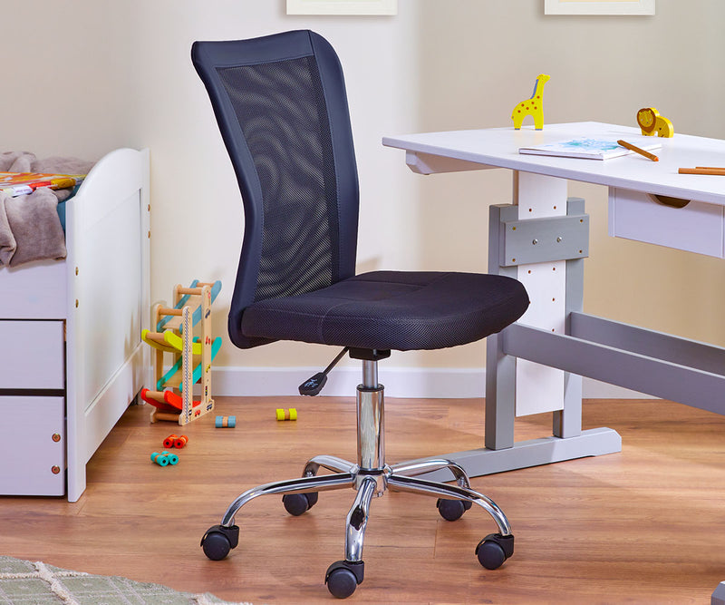 Kinderdrehstuhl Bonnie Schwarz mit Mesh-Rücken und Metallfußkreuz