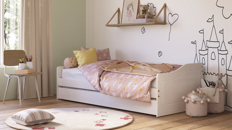 Funktionsbett Leonie 90x190 cm Massivholz Kiefer Weiß mit Ausziehbett