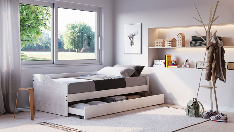 Funktionsbett Leonie 90x190 cm Massivholz Kiefer Weiß mit Ausziehbett