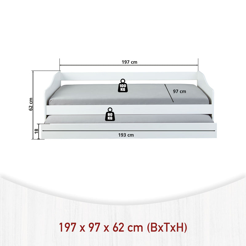 Funktionsbett Leonie 90x190 cm Massivholz Kiefer Weiß mit Ausziehbett