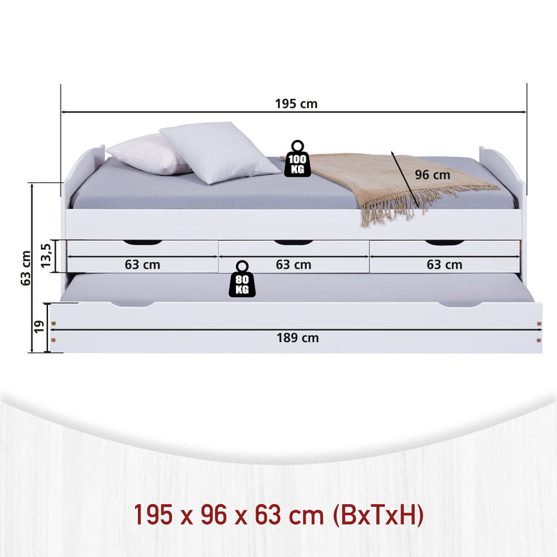 Funktionsbett Ulli 90x190 Kiefer Massivholz weiß mit 3 Schubladen