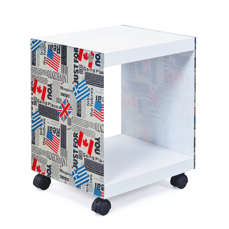 Beistelltisch FLAGCUBE mit Rollen, Cube-Design in Weiß-Bunt