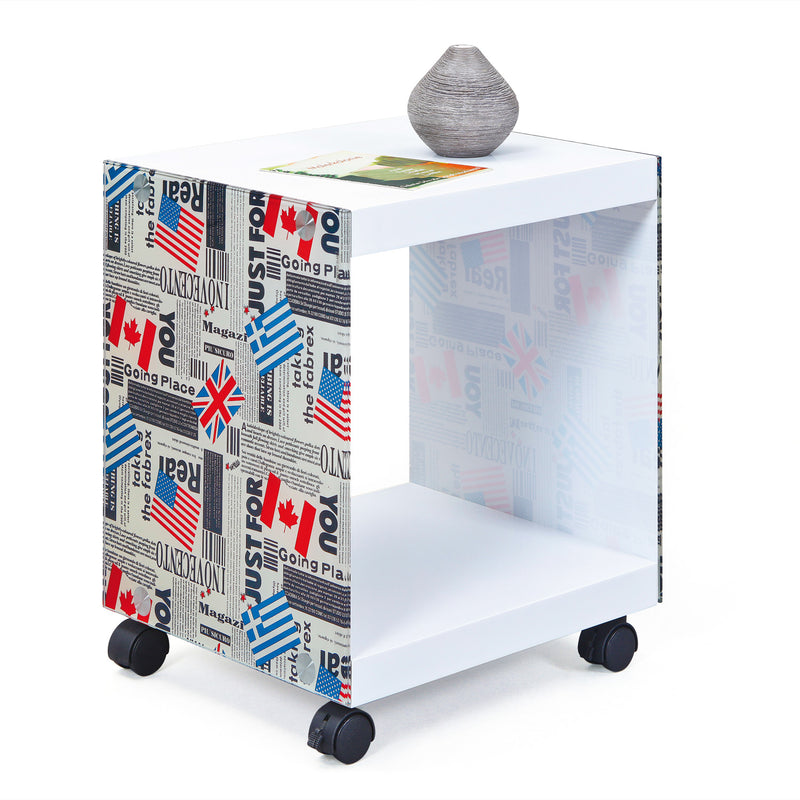 Beistelltisch FLAGCUBE mit Rollen, Cube-Design in Weiß-Bunt