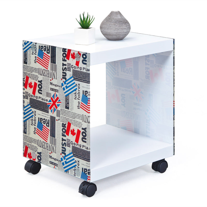 Beistelltisch FLAGCUBE mit Rollen, Cube-Design in Weiß-Bunt