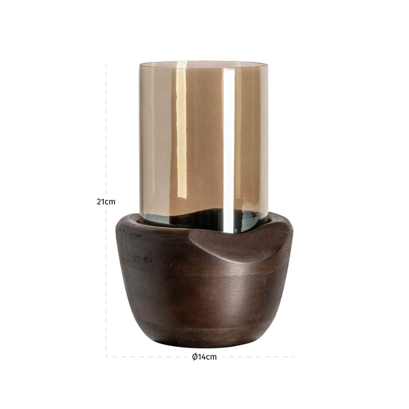 Windlicht Jade Small in Walnut – Eisen, Glas & Mangoholz, 21 cm