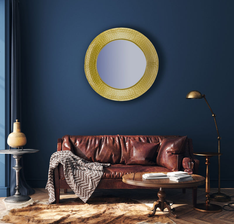 Wandspiegel Rund Gold 60 cm mit Hammerschlag-Rahmen, Flurspiegel Eisen