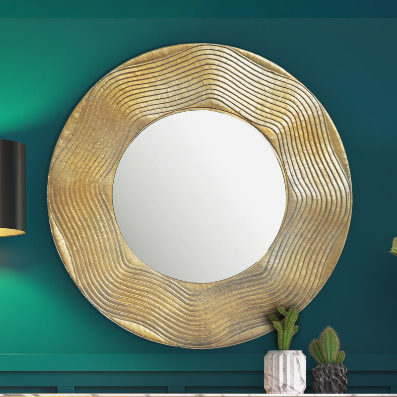 Wandspiegel Rund Gold 74 cm, Hängespiegel mit Wellenmuster-Rahmen