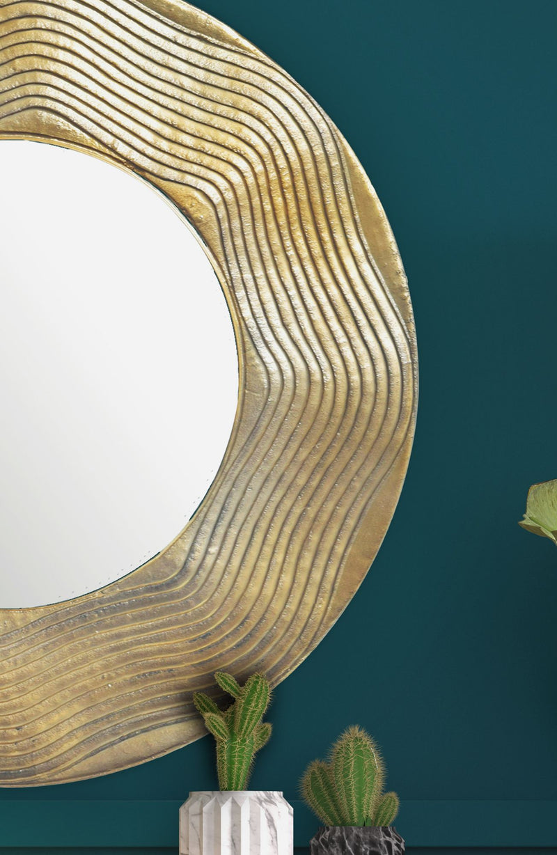 Wandspiegel Rund Gold 74 cm, Hängespiegel mit Wellenmuster-Rahmen