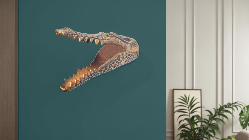 Wanddeko Krokodil Gold aus Aluminium – Handgefertigte Wandskulptur