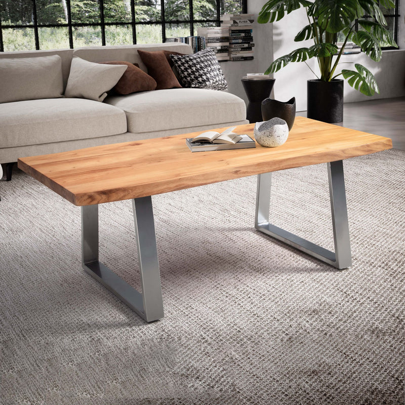 Couchtisch Akazie Massivholz 120x60x46 cm, Baumkante mit Chromgestell