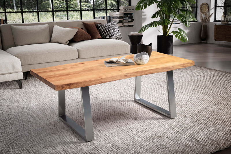 Couchtisch Akazie Massivholz 120x60x46 cm, Baumkante mit Chromgestell