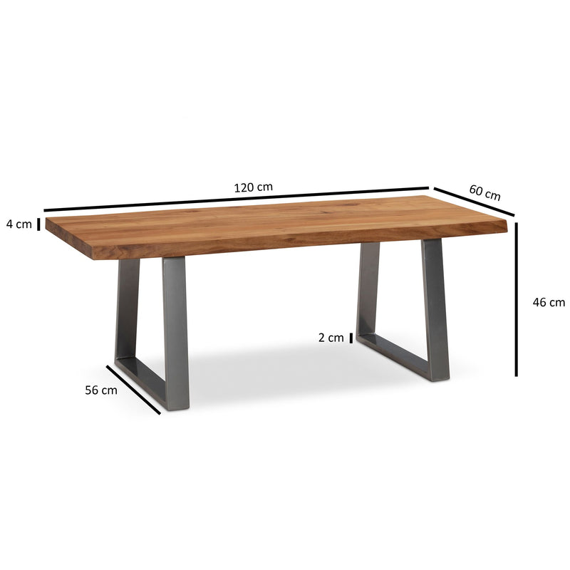 Couchtisch Akazie Massivholz 120x60x46 cm, Baumkante mit Chromgestell