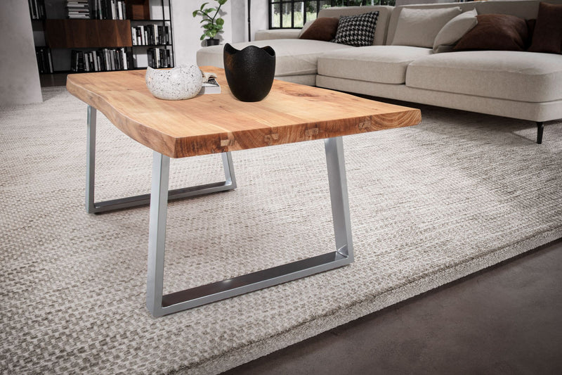 Couchtisch Akazie Massivholz 120x60x46 cm, Baumkante mit Chromgestell