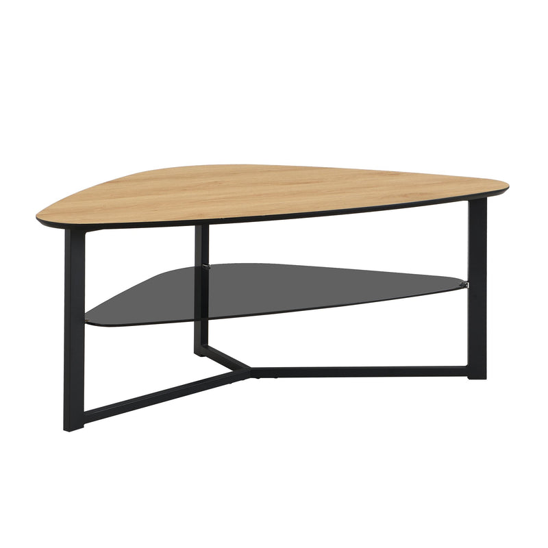 Couchtisch nierenförmig Eiche-Optik, Glasablage & Metallgestell 110 cm