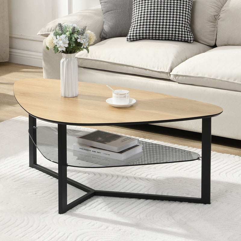 Couchtisch nierenförmig Eiche-Optik, Glasablage & Metallgestell 110 cm