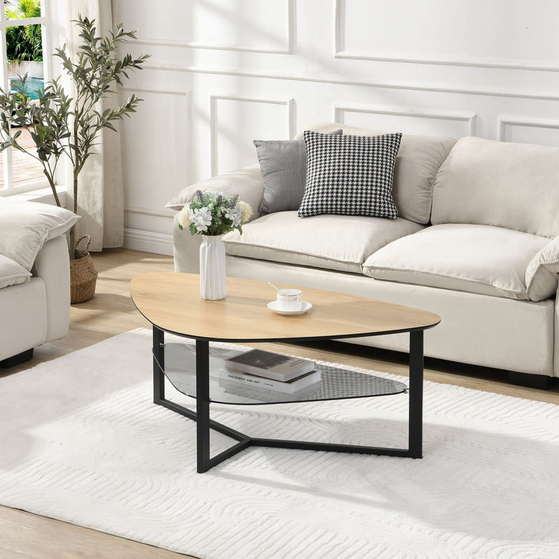 Couchtisch nierenförmig Eiche-Optik, Glasablage & Metallgestell 110 cm
