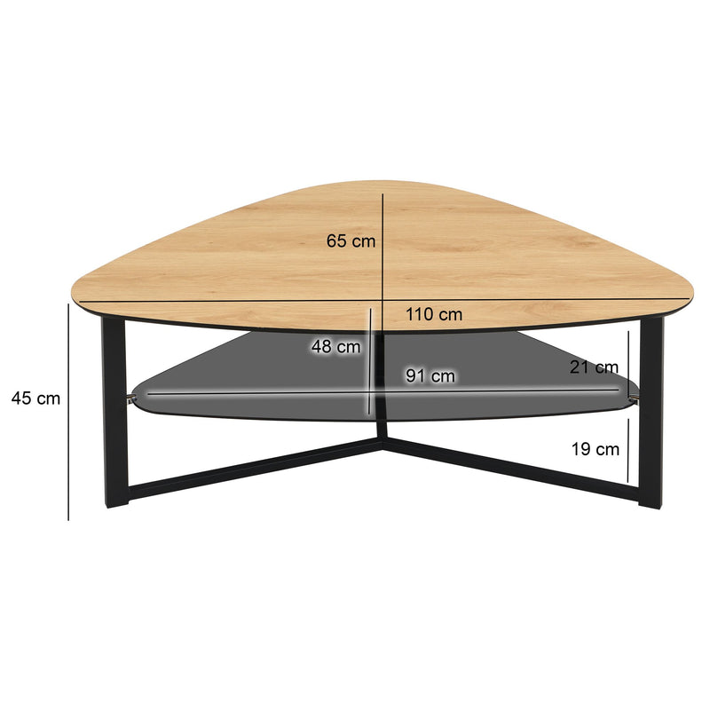 Couchtisch nierenförmig Eiche-Optik, Glasablage & Metallgestell 110 cm