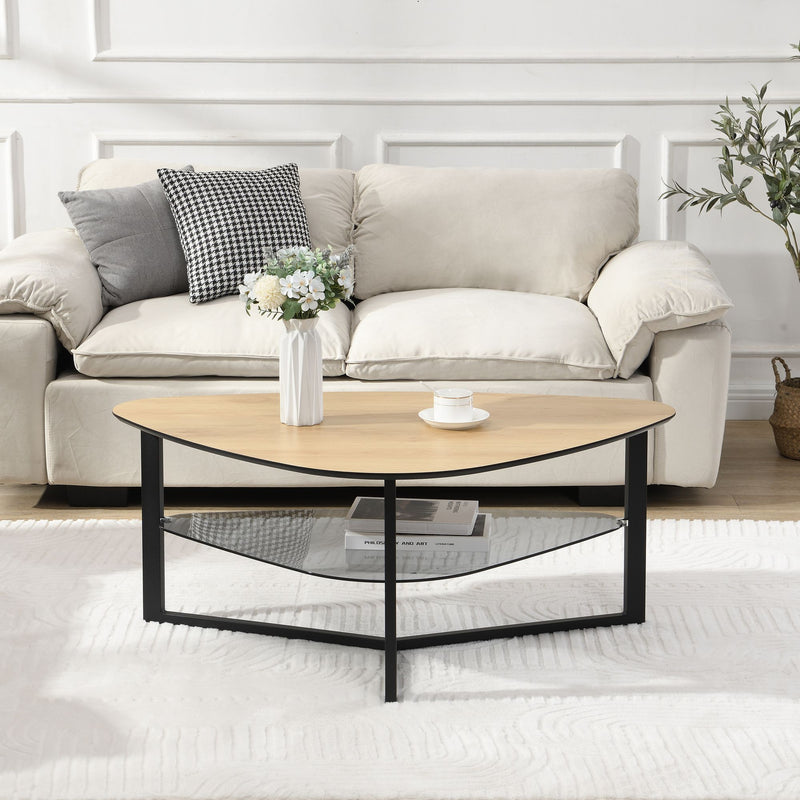 Couchtisch nierenförmig Eiche-Optik, Glasablage & Metallgestell 110 cm